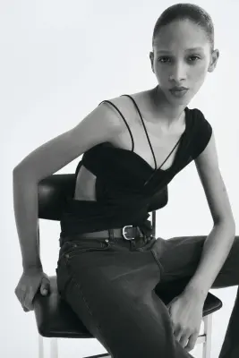 Crop top bi-matière à effet drapé - Noir — photo 1