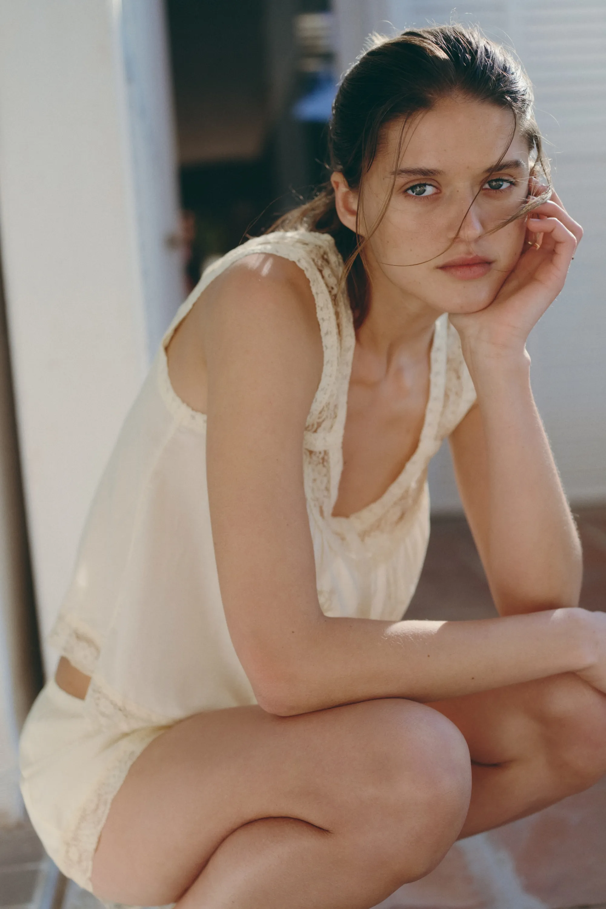 Top brodé en viscose mélangée - Beige clair