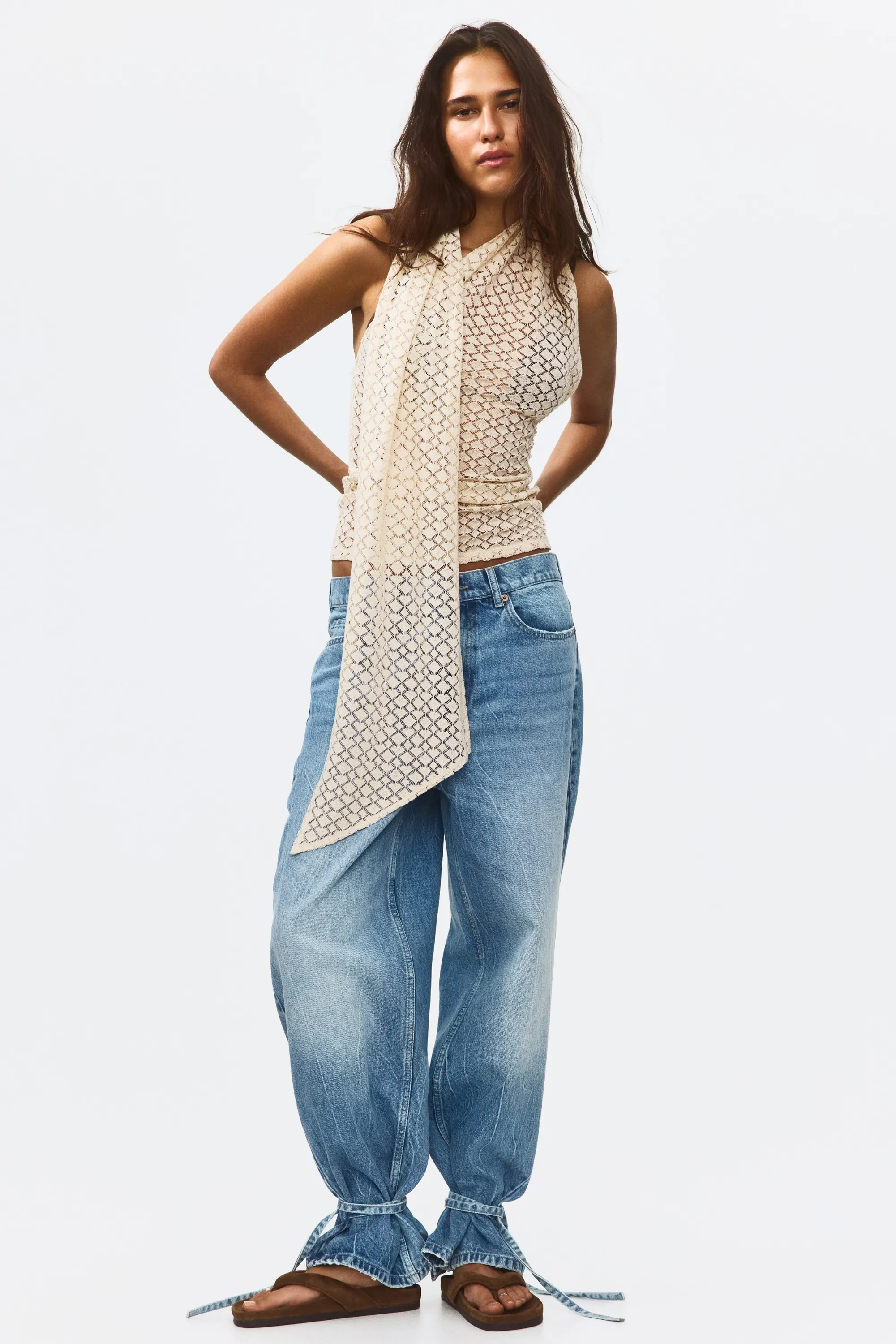 Top façon crochet avec col écharpe - Beige clair