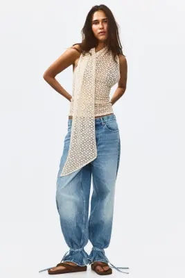 Top façon crochet avec col écharpe - Beige clair — photo 1