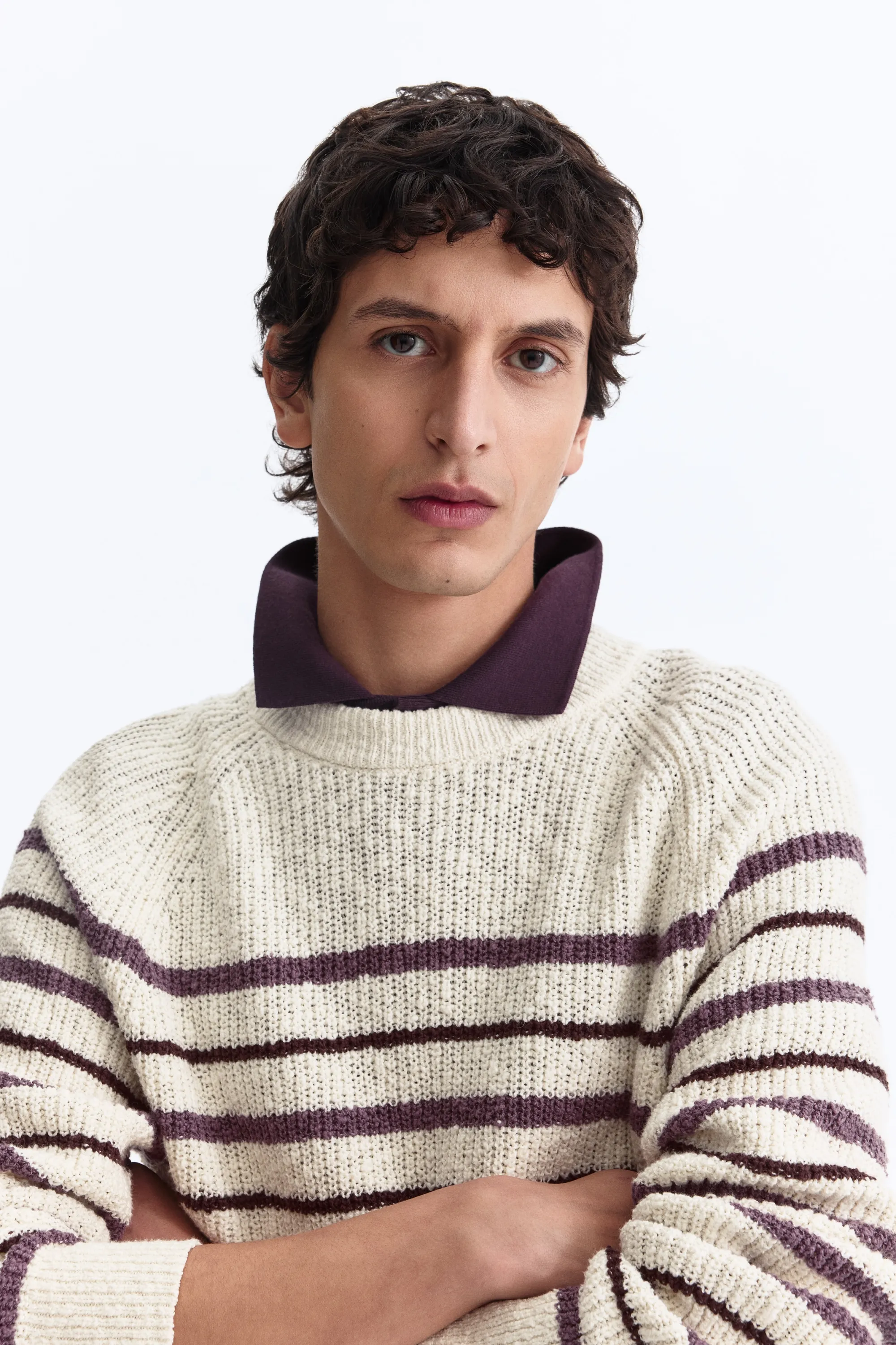 Pull Relaxed Fit en maille côtelée - Crème/rayé