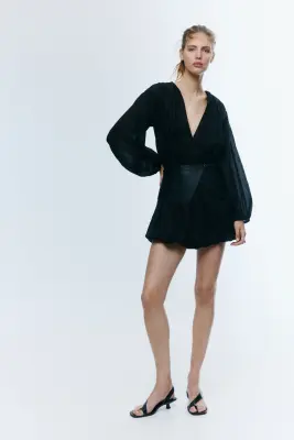 Robe à effet boule en ramie mélangé - Noir — photo 1