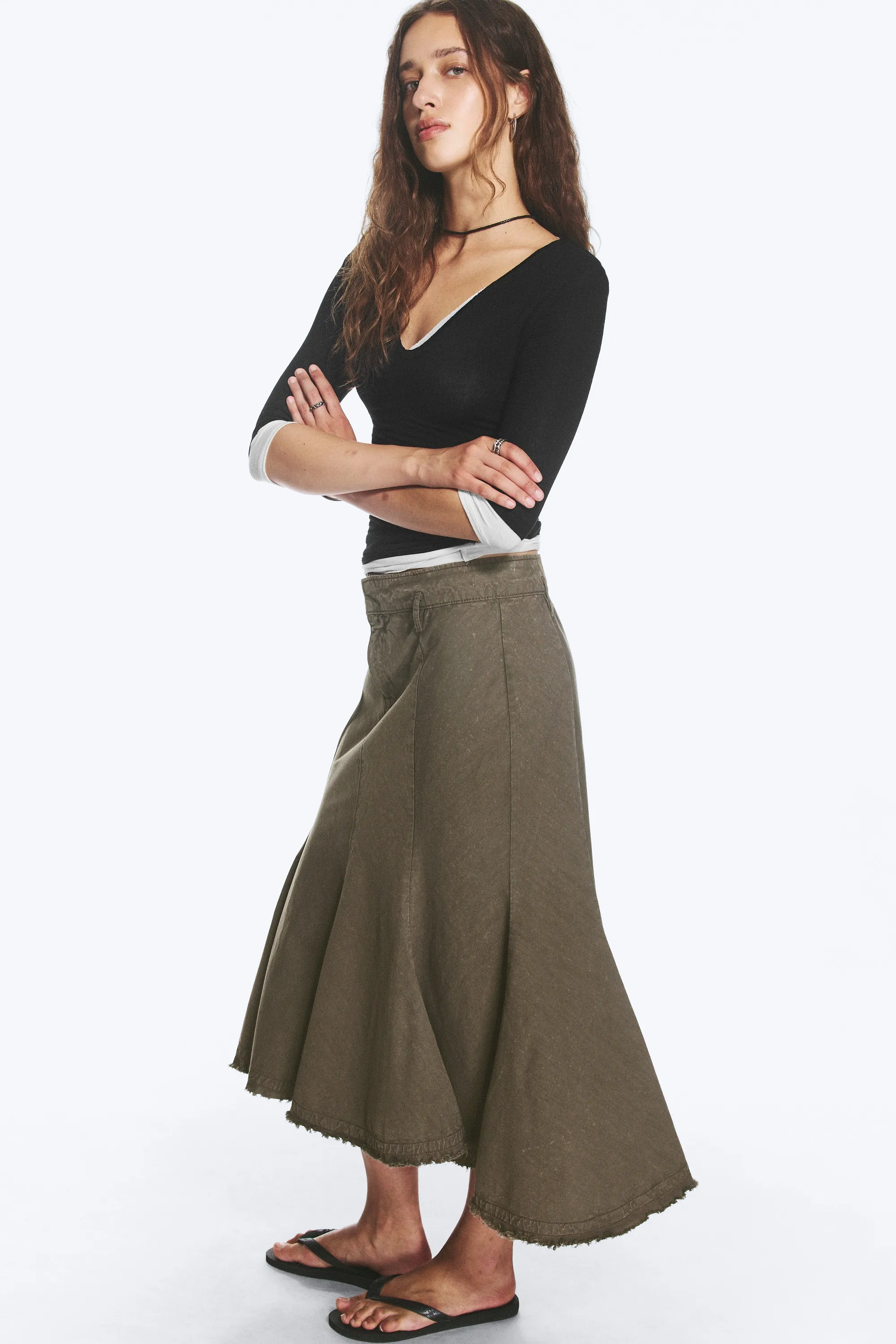 Jupe midi en coton effiloché - Taupe foncé