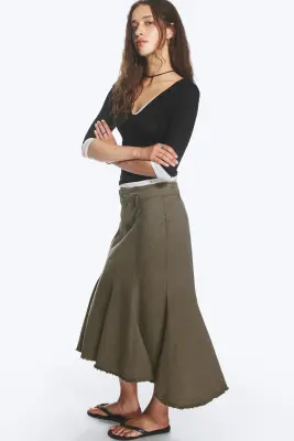 Jupe midi en coton effiloché - Taupe foncé — photo 1