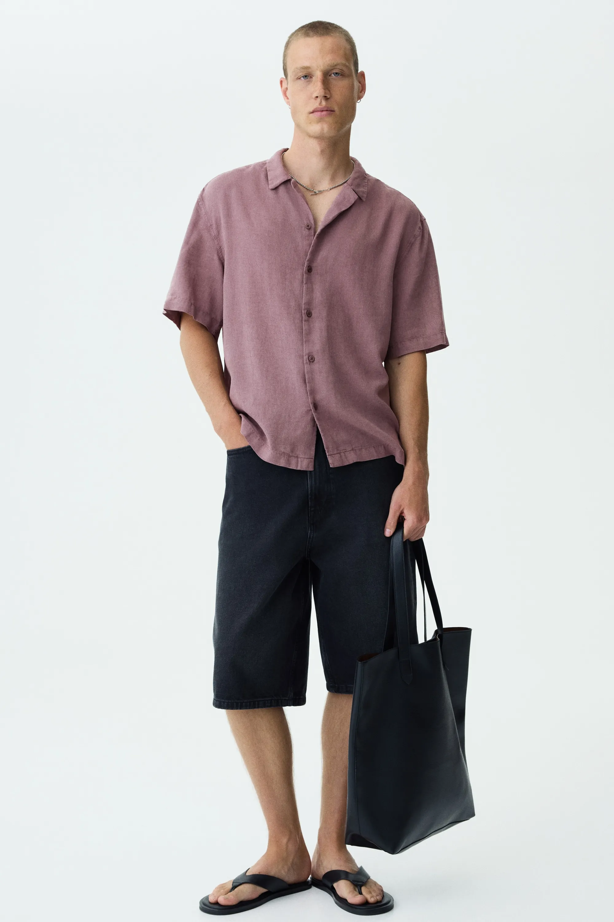 Chemise Relaxed Fit en lin mélangé avec col cubain - Rouge ancien