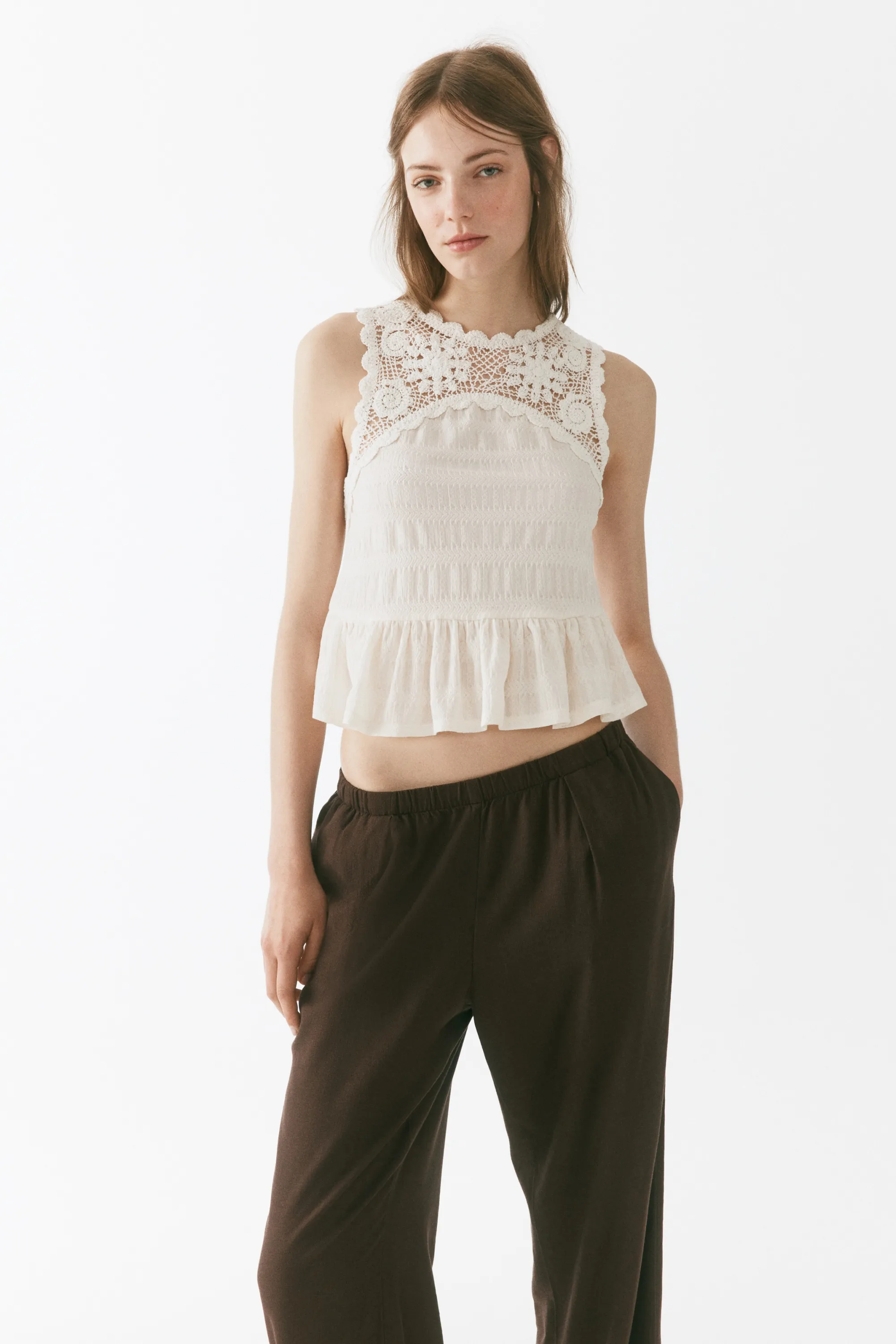 Pantalon large en lin mélangé - Marron foncé