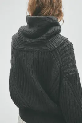 Pull à col châle en laine mérinos - Gris foncé chiné — photo 3