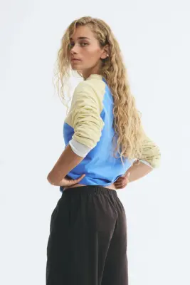 Top en coton avec manches raglan - Bleu clair/jaune — photo 2
