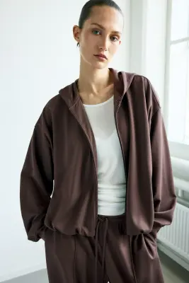 Veste à capuche zippée en viscose mélangée - Taupe foncé — photo 2