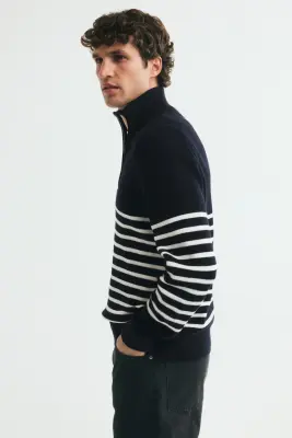 Pull Regular Fit avec col zippé - Bleu marine/rayé — photo 3