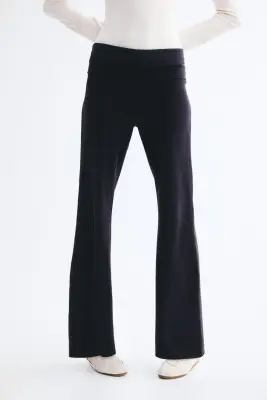 Pantalon en coton avec ceinture repliée - Bleu marine — photo 1