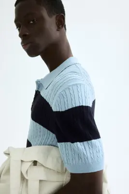 Polo Regular Fit en maille torsadée - Bleu clair/rayé — photo 4