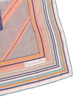 Foulard carré de soie imprimé graphique rayures orange bleu et blanc — photo 3