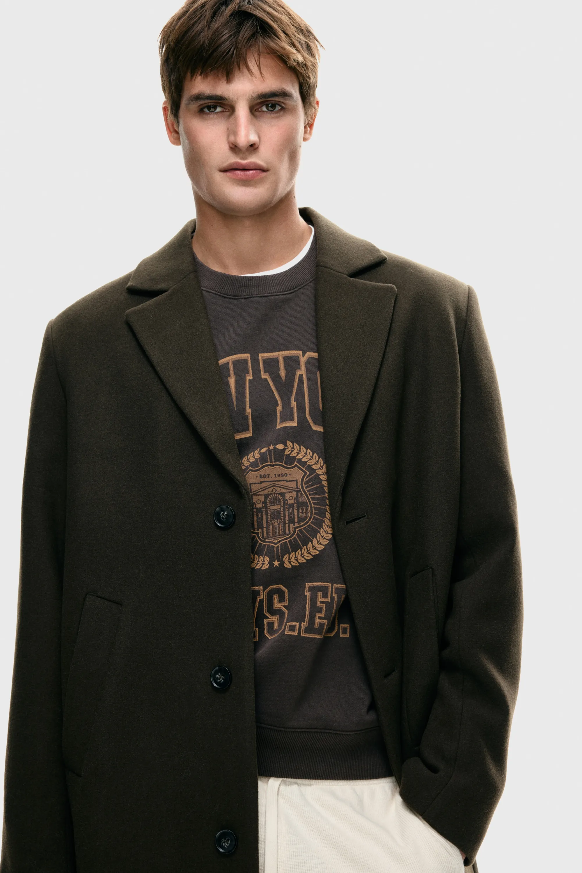 Manteau à fermeture droite en laine mélangée - Vert kaki foncé