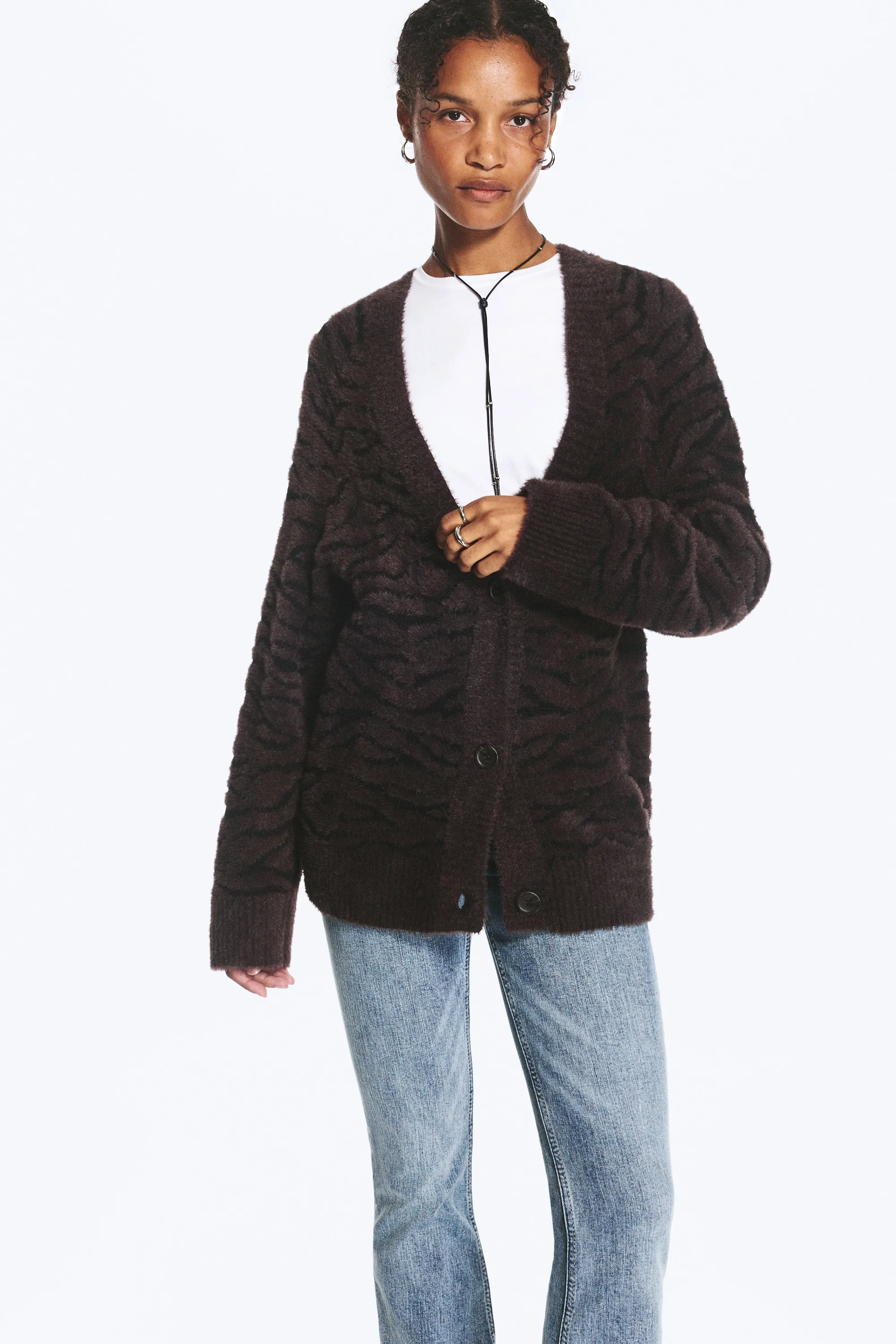 Cardigan oversize à col en V - Motif zèbre marron foncé