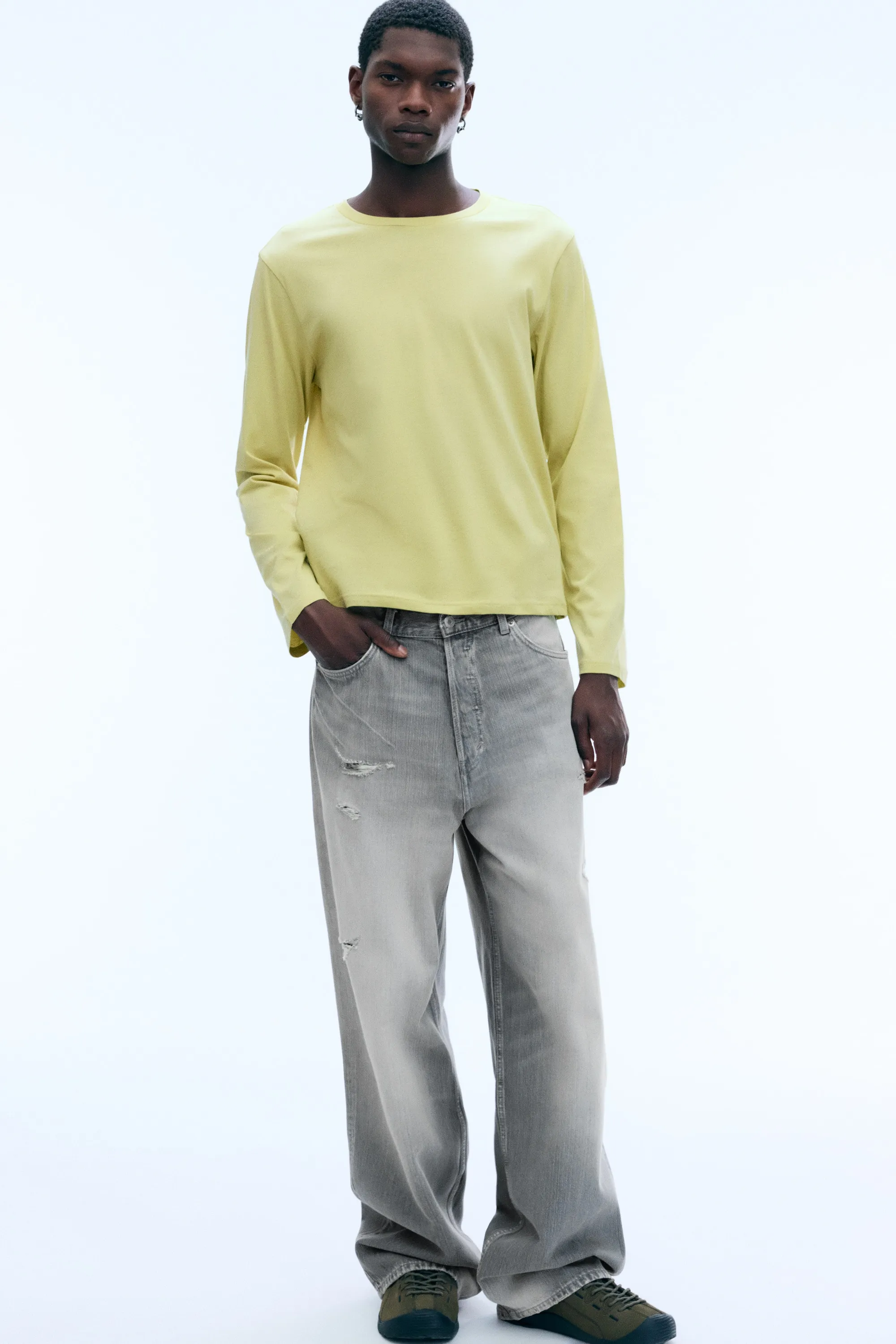 T-shirt en coton rétréci à manches longues - Citron vert poudré