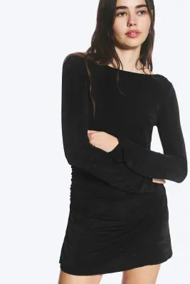 Robe courte à encolure bateau et manches longues froncées - Noir - Strass — photo 1