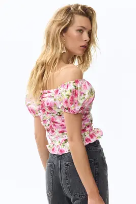 Top épaules nues à effet ruché - Rose/fleuri — photo 3