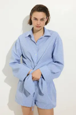 Chemise de plage oversize - Bleu/carreaux — photo 2