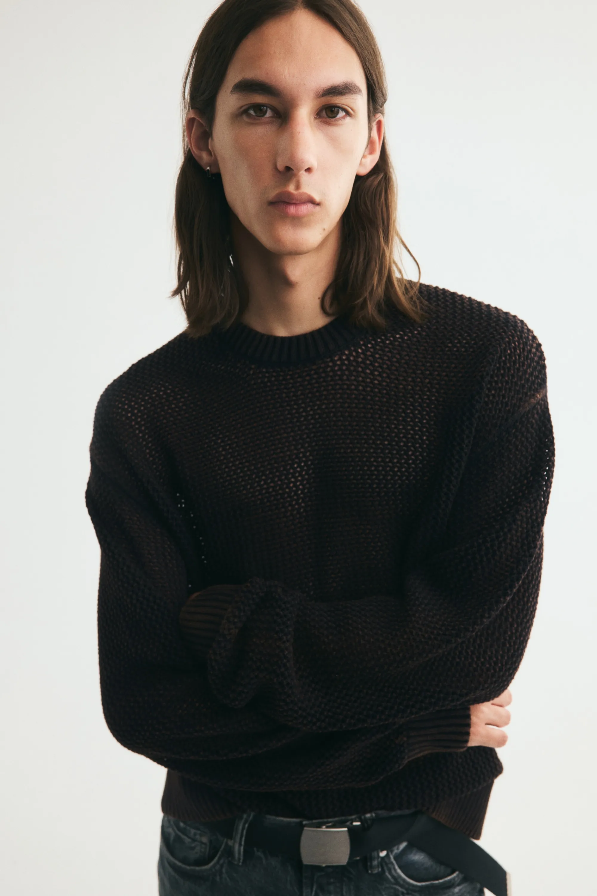 Pull Loose Fit en maille de coton ajourée - Noir