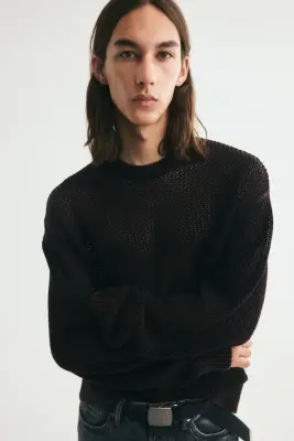 Pull Loose Fit en maille de coton ajourée - Noir — photo 1