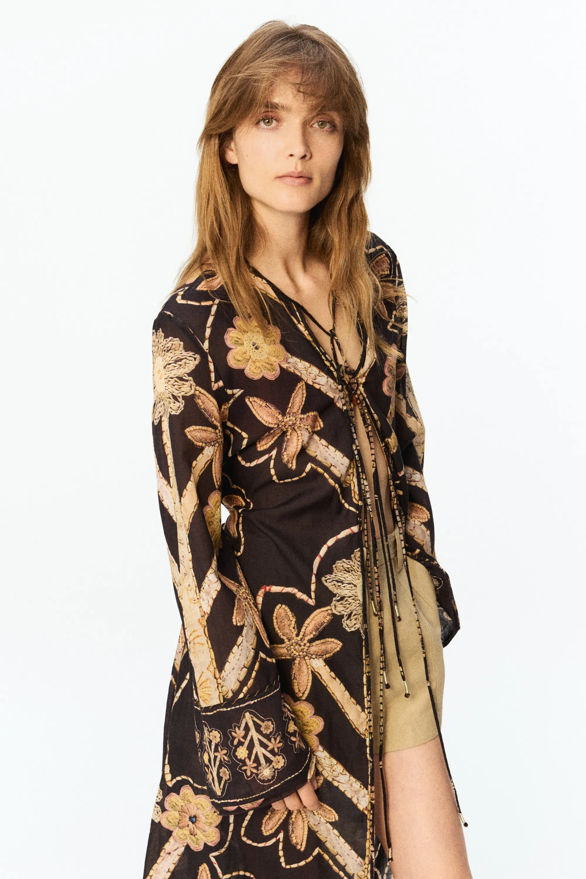 Floral-print tie-detail kaftan dress - Noir/fleuri