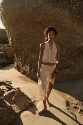 Jupe de plage brodée en coton - Beige clair — photo 1
