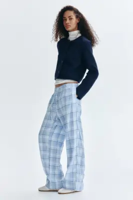 Pantalon à taille élastique - Bleu clair/carreaux — photo 2