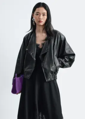 Veste style bomber à manches chauve-souris en cuir - Noir — photo 1