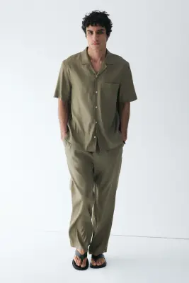 Chemise Easy-care Regular Fit en lin mélangé - Vert kaki — photo 3