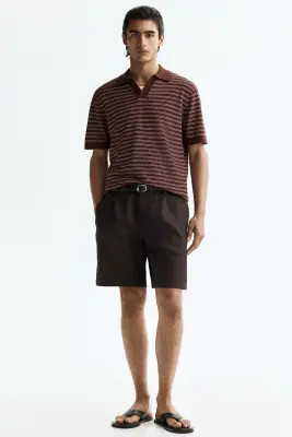 Polo Regular Fit en lin mélangé - Marron/rayé — photo 2