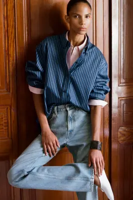 CHEMISE EN COTON AUX POIGNETS REPLIÉS - BLEU / RAYÉ — photo 5