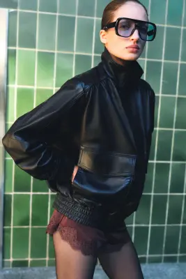 Veste oversize en cuir - Marron foncé — photo 2