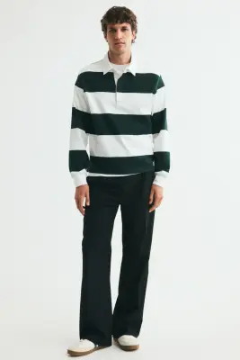 Polo de rugby Regular Fit en coton - Crème/rayures vert foncé — photo 2