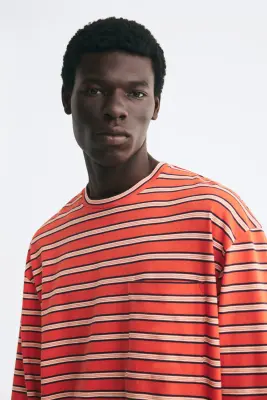 T-shirt à manches longues Regular Fit en interlock - Orange/rayé — photo 2
