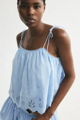 Top avec broderie anglaise et bretelles à nouer - Bleu clair — photo 1
