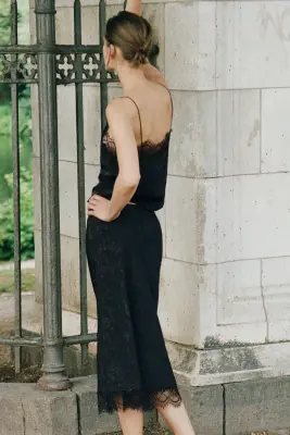 Top en tissu jacquard avec dentelle - Noir — photo 2