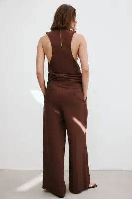 Pantalon large en lin mélangé - Marron foncé — photo 2