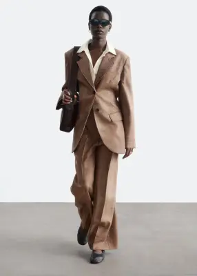 Blazer à boutonnage simple en laine - Beige foncé/À carreaux — photo 2