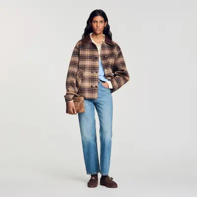 Manteau à carreaux col en cuir
