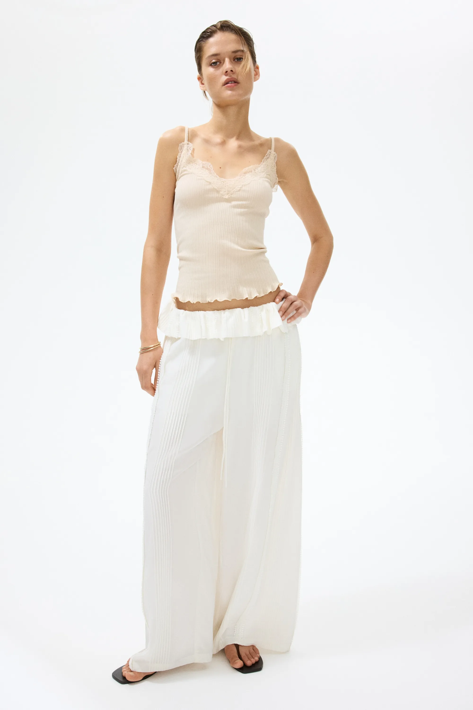 Top en maille pointelle avec dentelle - Beige clair
