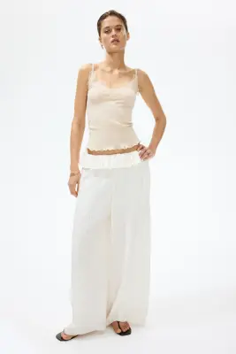 Top en maille pointelle avec dentelle - Beige clair — photo 1