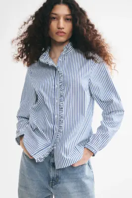 Blouse volantée à boutons - Bleu/rayures blanches — photo 2