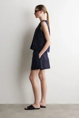 GILET EN LIN À FINITION BRODÉE - BLEU MARINE — photo 2