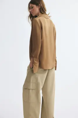 Chemise à manches longues en satin - Beige foncé — photo 2