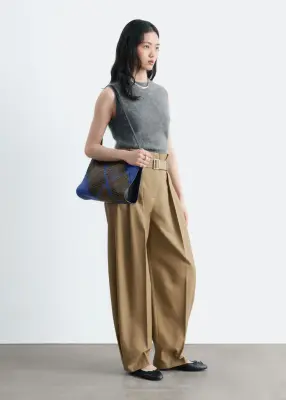 Pantalon plissé à taille haute froncée - Beige — photo 4