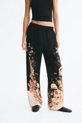 Pantalon en viscose mélangée avec taille élastique - Noir/fleuri — photo 2