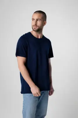 T-shirt Marine Col Rond Manches Courtes en Cachemire