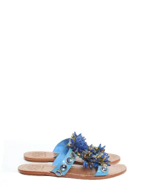 Sandales plates en cuir bleu brodé de bijoux dorée et bleu Prix boutique 450€ Taille 37 — photo 5