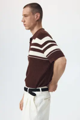 Polo Regular Fit en maille pointelle - Marron foncé — photo 4